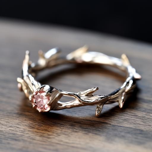 anillo de compromiso, minimalista, sencillo y delicado de una gema natural color rosado, que sea un anillo estilo mágico, para alguien que gusta del bosque, la magia, la naturaleza y las estrellas
