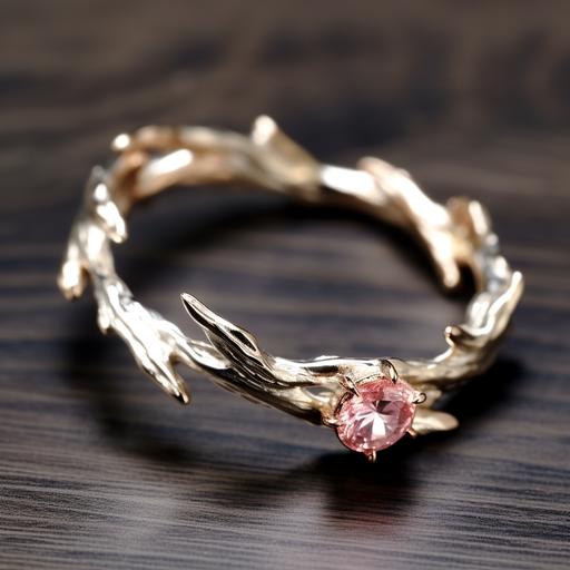 anillo de compromiso, minimalista, sencillo y delicado de una gema natural color rosado, que sea un anillo estilo mágico, para alguien que gusta del bosque, la magia, la naturaleza y las estrellas