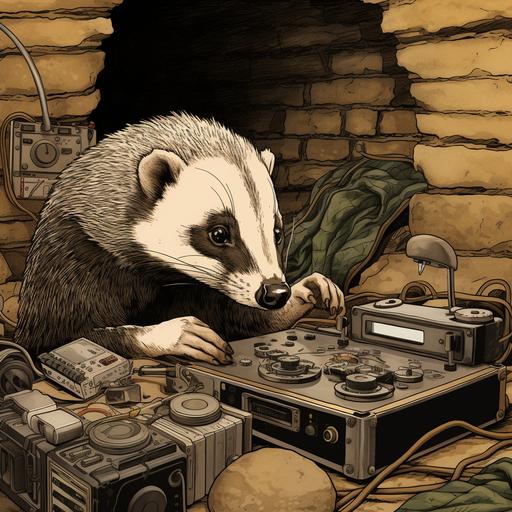 animal badger, in underground tunnel listening to record player, cartoon