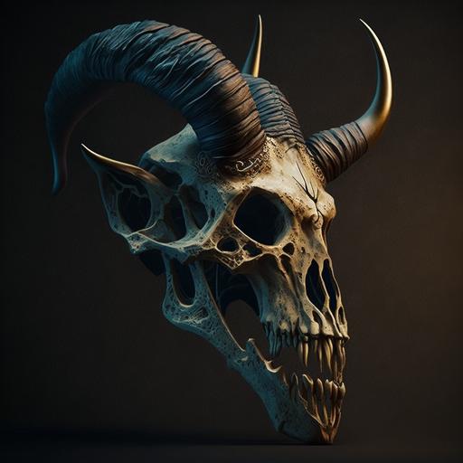 animal skull with devil horns, side profile, horror, scary, HD, creepy, demonic