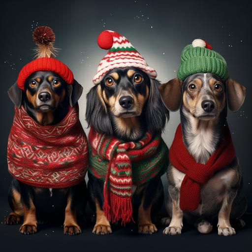 animals in Christmas attire such as dogs in santa claus hats , penguins with scarves and reindeers in cozy sweaters