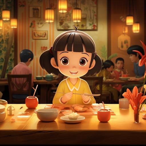 animated Inside the Japanese restaurant, Lily (4 years old, has short hair and wears a yellow dress) is seated at a table, trying to use chopsticks. Various Japanese dishes surround her.