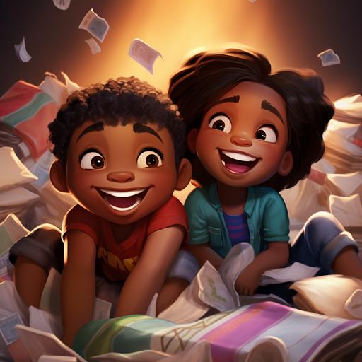 animated OLIVER (boy) and SPENCER (girl) 4-year-old dark skin twins with mischievous grins, are sitting on the floor with a pile of colorful pillows. they get into a pillow fight