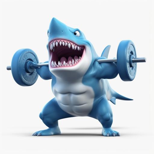 animated Pixar style muscular blue shark lifting weights.