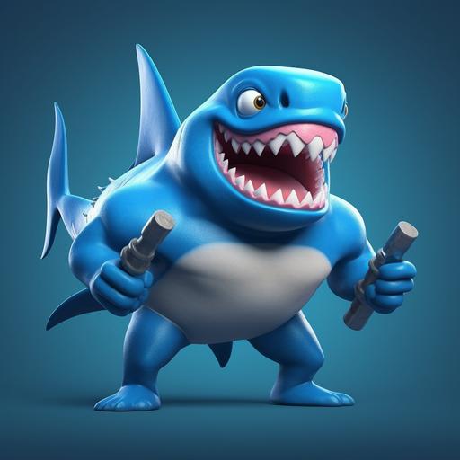 animated Pixar style muscular blue shark lifting weights.