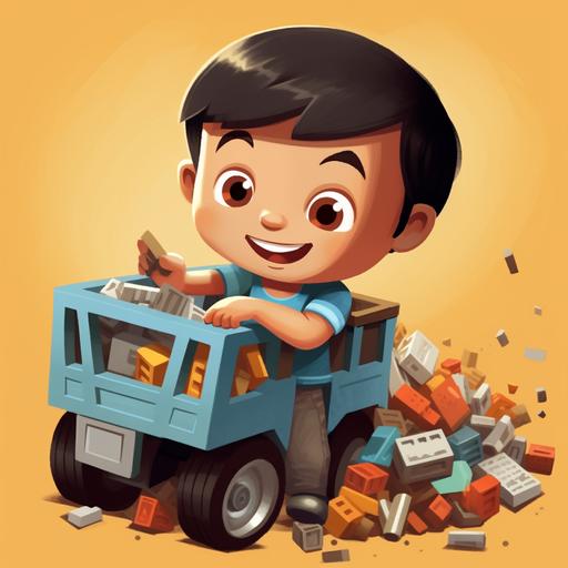 animated, asian american 3 year old boy playing with small toy dump truck loading legos, cartoon for childrens book