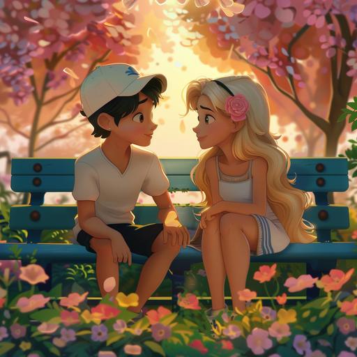 animated, black haired boy and blonde girl sitting on a park bench, flowers surround the bench, the bench is blue, the setting sun is in front of the boy and girl, the boy is wearing a white backwards hat, the girl has a pink rose clip in her hair