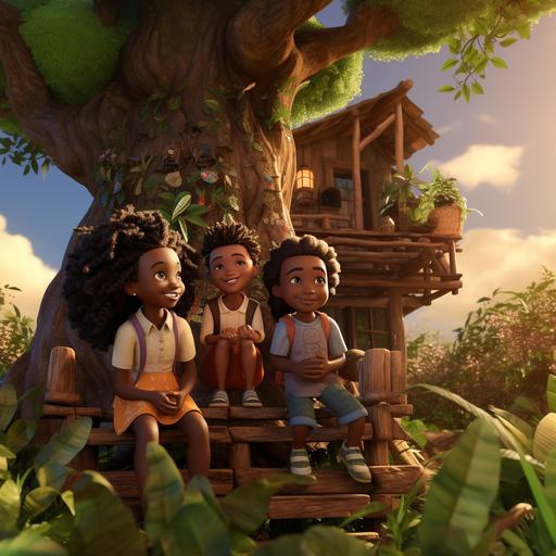 animated boy and girl twins, each 4 years old, with dark skin, sitting in a garden with their dark skin grandfather near a tree house