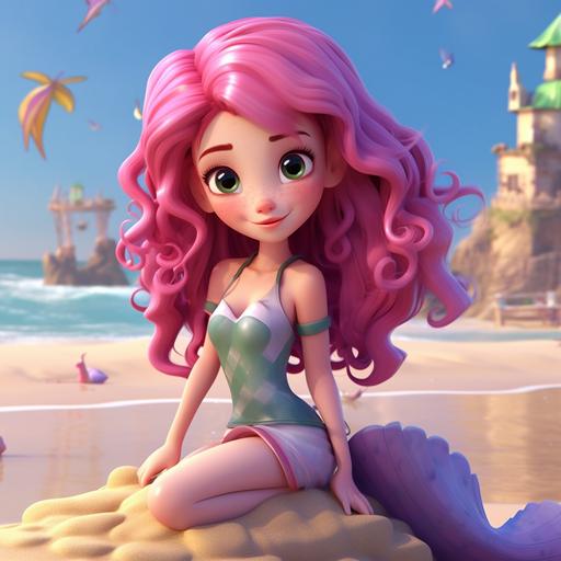 animated cartoon mermaid girl with pink hair on the beach high resolution