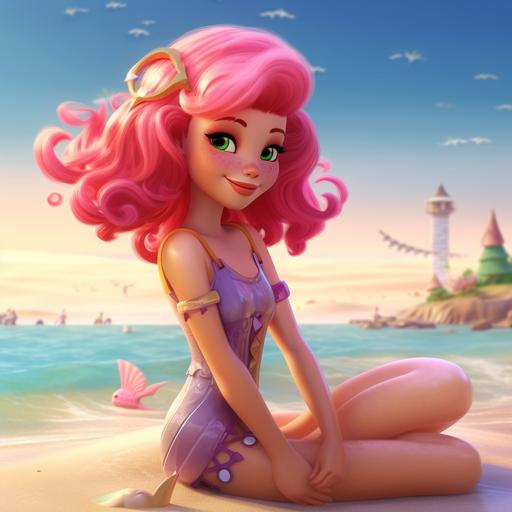 animated cartoon mermaid girl with pink hair on the beach high resolution
