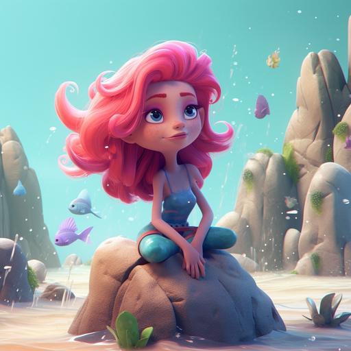 animated cartoon mermaid with pink hair on the beach around rocks