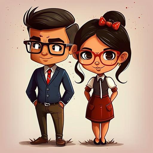 animated cartoon picture of indian doctor girl & indian businessman boy couple standing happily in love. only girl should wear specs. head to toe picture,HD