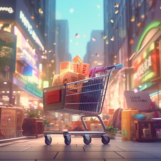 animated cartoon sitting on shopping cart, detailed shopping alley, products falling aside, light background