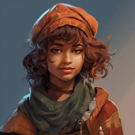 animated character art, female fantasy ranger character, henna dyed bobbed haircut, wearing a slouchy hat --v 5.2