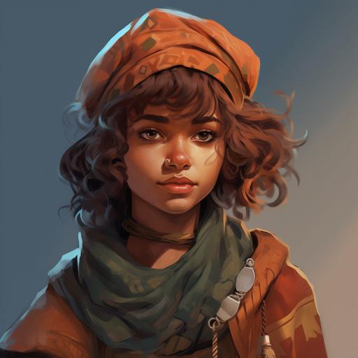 animated character art, female fantasy ranger character, henna dyed bobbed haircut, wearing a slouchy hat