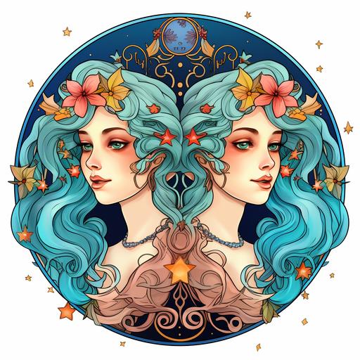 animated graphic of gemini zodiac twins, cartoon style, stunning detail, full color