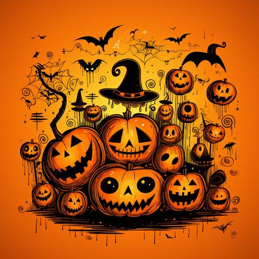 animated halloween image, orange background, halloween doodles