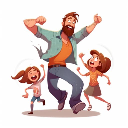 animated hip happy stylish dad dancing with his daugthers, white background, cartoon, full color