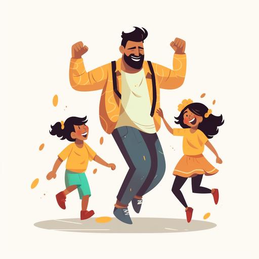 animated hip happy stylish dad dancing with his daugthers, black hair, white background, cartoon, full color