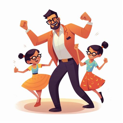 animated hip happy stylish dad dancing with his daugthers, black hair, white background, cartoon, full color