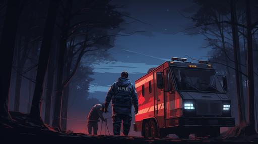 animated illustration of first responders EMS on a scene administering first aid. Dark and depressing aesthetic, gorecore, --ar 16:9