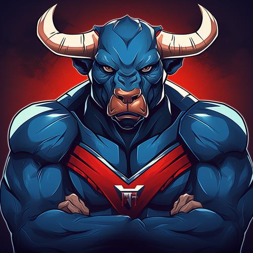 animated logo football mascot red and blue mad bull with arms crossed
