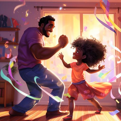 animation litttle black girl dancing with her dad in acolorful house