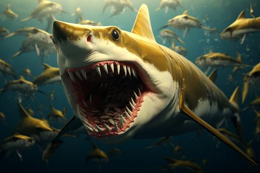 animation of the great tiger shark fish animations, in the style of otherworldly grotesquery, dark yellow, rendered in cinema4d, detailed crowd scenes, meme art, trapped emotions depicted, grotesque caricatures --ar 128:85