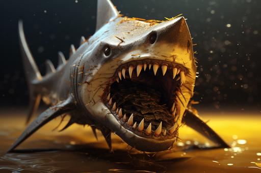 animation of the great tiger shark fish animations, in the style of otherworldly grotesquery, dark yellow, rendered in cinema4d, detailed crowd scenes, meme art, trapped emotions depicted, grotesque caricatures --ar 128:85