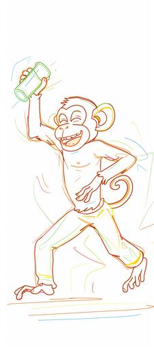 animation tweening, onionskinning, overlaid keyframes, showing cute monkey mischief drinking and dancing in action; minimalist single line sketch in colored pencil and art marker --no split tych pen pencil marker brush --ar 11:25