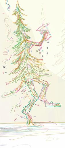 animation tweening, onionskinning, overlaid keyframes, showing the tallest spruce drinking and dancing in action; minimalist single line sketch in colored pencil and art marker --no split tych pen pencil marker brush --ar 11:25