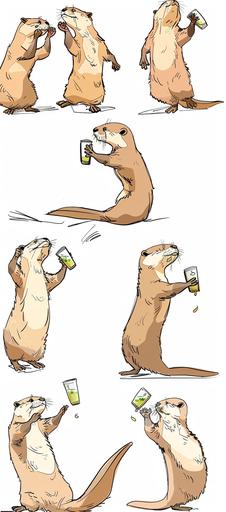 animation tweening, onionskinning, overlaid keyframes, showing otters drinking and dancing in action; minimalist single line sketch in colored pencil and art marker --no split tych pen pencil marker brush --ar 11:25