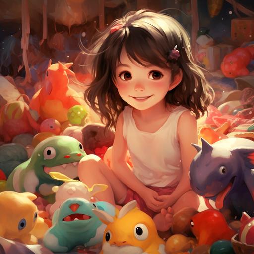 anime::A baby girl with a toothless smile surrounded by toys