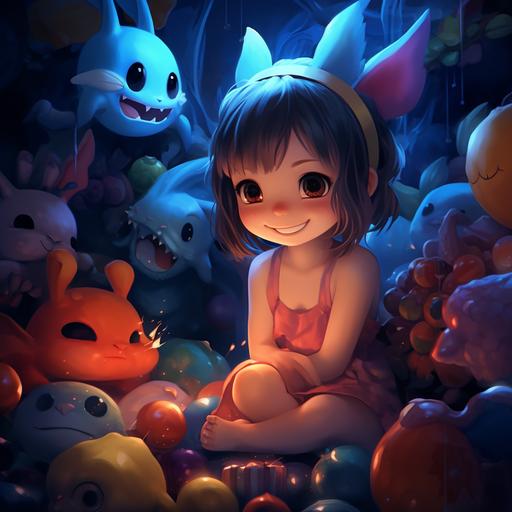 anime::A baby girl with a toothless smile surrounded by toys