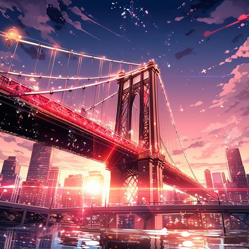 anime Brooklyn Bridge, grandiose cityscape. Sunset. Pink and purple hue. Cinematic Stills, High Resolution, Lens Flare, Lively action poses, 32k uhd, Spectacular backdrops, Energy-filled illustrations, Bold colors, Lively illustrations, in the style of action anime manga --niji 5