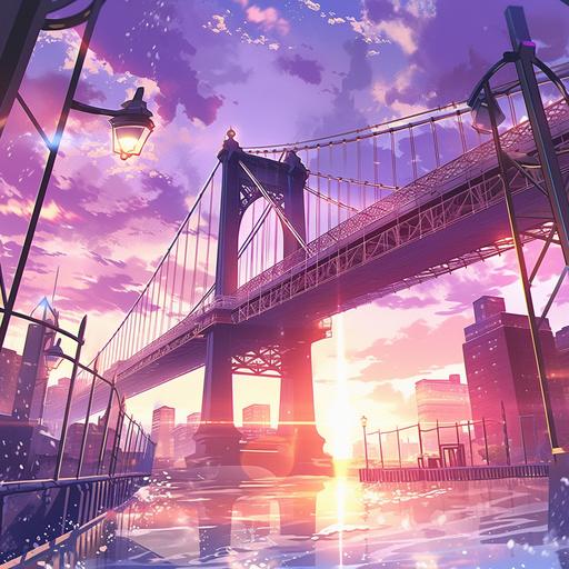 anime Brooklyn Bridge, grandiose cityscape. Sunset. Pink and purple hue. Cinematic Stills, High Resolution, Lens Flare, Lively action poses, 32k uhd, Spectacular backdrops, Energy-filled illustrations, Bold colors, Lively illustrations, in the style of action anime manga --niji 5