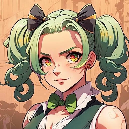 anime, JoJo's Bizarre Adventure style, cute young woman with green hair Double Ponytail, fancy background,green butterfly, Bow Tie