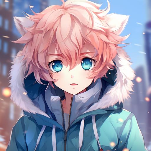 anime Little boy character with long pink hair who is blushing. This character should have a similar aesthetic to the one in the uploaded picture, featuring large expressive blue eyes, cat-like ears, and an expression of surprise or bashfulness. The character is wearing a modern and stylish outfit with a jacket, and the background should be a soft, diffused light blue to suggest a serene or dreamy atmosphere.