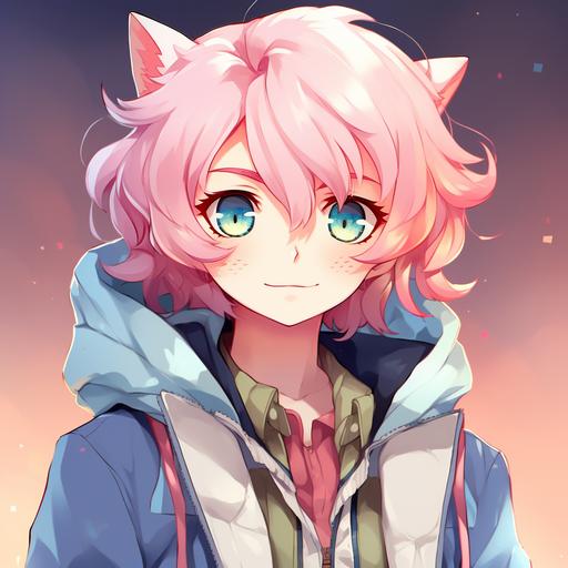 anime Little boy character with long pink hair who is blushing. This character should have a similar aesthetic to the one in the uploaded picture, featuring large expressive blue eyes, cat-like ears, and an expression of surprise or bashfulness. The character is wearing a modern and stylish outfit with a jacket, and the background should be a soft, diffused light blue to suggest a serene or dreamy atmosphere.