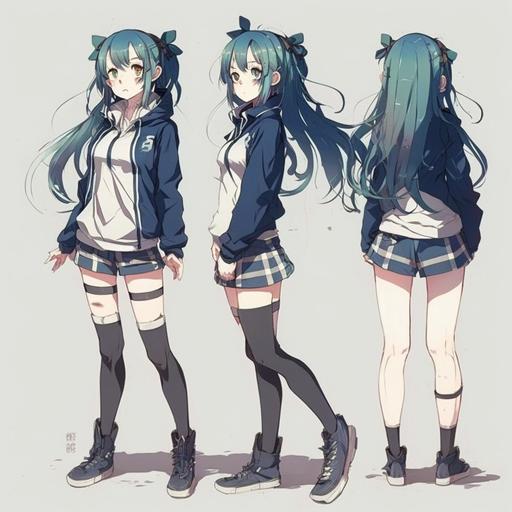 anime, anime girl, , stocking, full body, blue hair, long hair, perfect body, thin, oc, character reference, anime art, short, casual clotching
