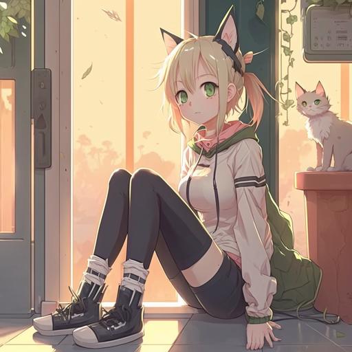 anime, anime girl, , stocking, full body, light hair, short hair, perfect body, thin, oc, character reference, anime art, short, casual clotching, cat ears, clotching with cat paws