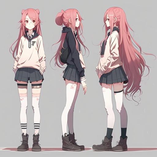 anime, anime girl, , stocking, full body, pink hair, long hair, perfect body, thin, oc, character reference, anime art, tall, casual clotching