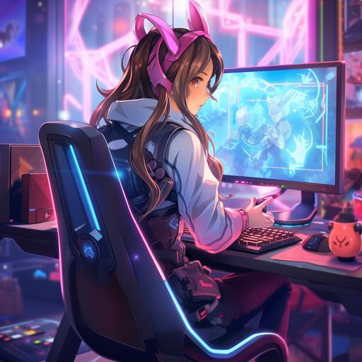 anime art, illustration, artstation, a girl, brown hair, low twintails, blue eyes, a halo in her head, goddess, bunny ears, sitting a gaming chair, gaming desk, gaming room, pc, neon pink