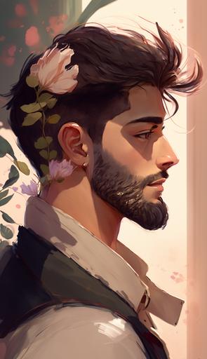 anime art, spring, Arabic features, Modern hairstyle, side view, simple smile, muslim, small-beard, background, Abbott Fuller Graves, 32k --ar 9:16