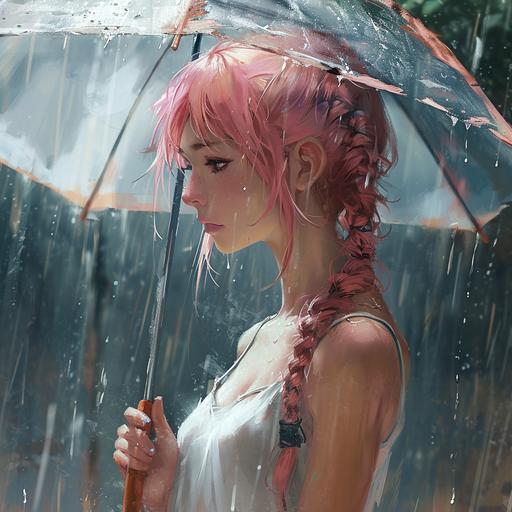 anime art styl,beautifull illustration,Beautiful girl with umbrella, white tank top, braided hair, pink hair, rain, wet hair, water drops, wet ground --v 6.0