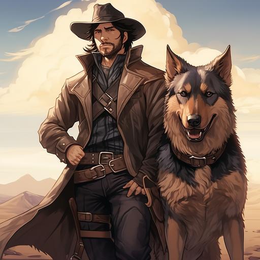 anime artstyle of a cowboy, in his 50s, short black hair, mustache, clean shaven beard, peach skintone, blue eyes, wearing cowboy hat, wearing cowboy boots, leather chaps, leather jacket, with a bloodhound dog, bloodhound, bloodhound breed dog, holding iron revolver, full body, manga, anime. 32k, rtx on