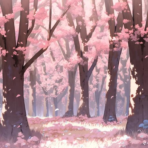 anime background, forest, cherry blossom trees with falling petals, aesthetically pleasing, muted color scheme --ar 1:1 --s 20 --niji 5