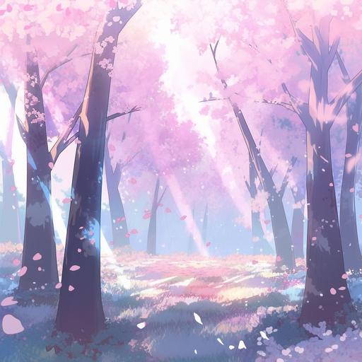 anime background, forest, cherry blossom trees with falling petals, aesthetically pleasing, muted color scheme --ar 1:1 --s 20 --niji 5