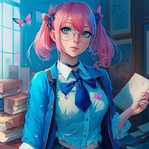 anime beautiful girls with pink hair, blue blouse, blue skirt, blue butterfly-tie