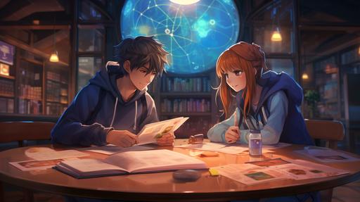 anime boy and girl sitting accross a round table in a alien looking coffee shop, they are both looking down at their books being studious --ar 16:9